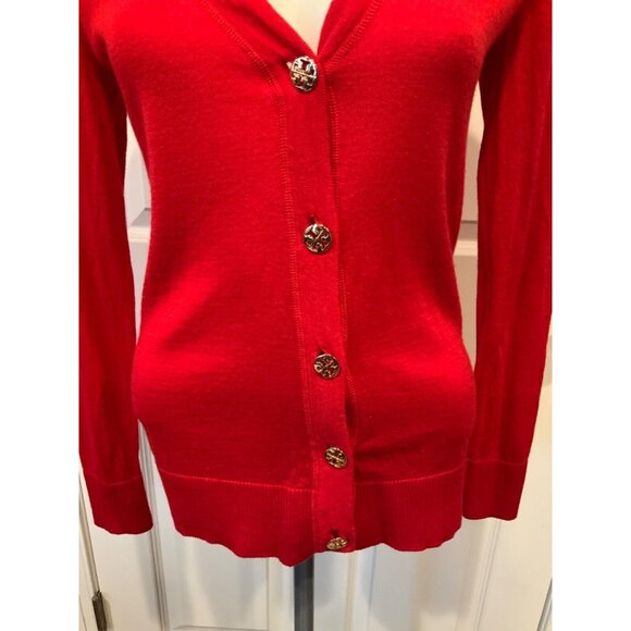Tory Burch Red Thin Knit Gold Button Cardigan, Size Small - Picture 2 of 6
